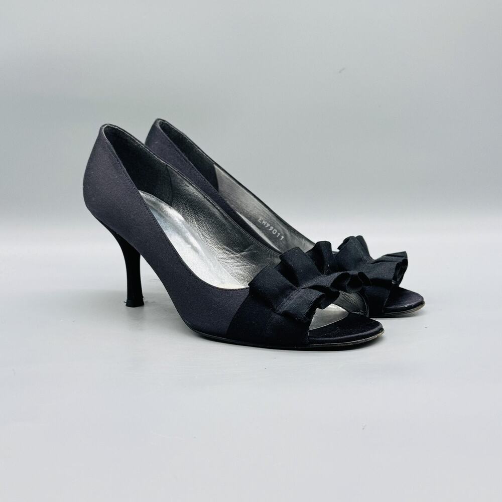 Stuart Weitzman Black Satin Peep-Toe Heels with Bow Detail